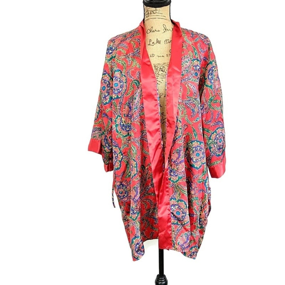 Morgan Taylor Robe Women P/S Red Paisley Satin Intimates Open Front Kimono Style